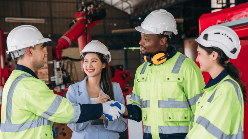 An executive leader and three frontline workers in hard hats and safety vests pose in front of a large machine.